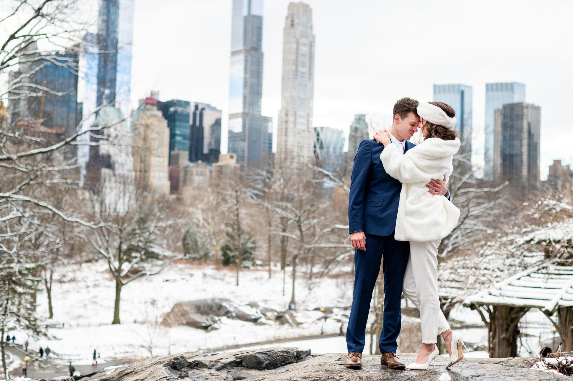 Couple during a winter snowy elopement in NYC