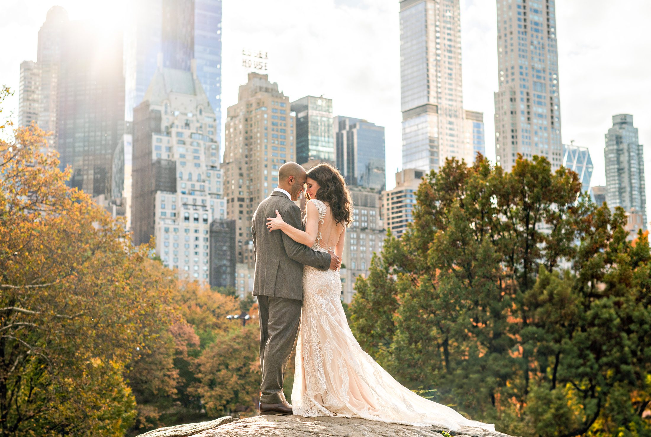 Bride and Groom in Central Park at sunset