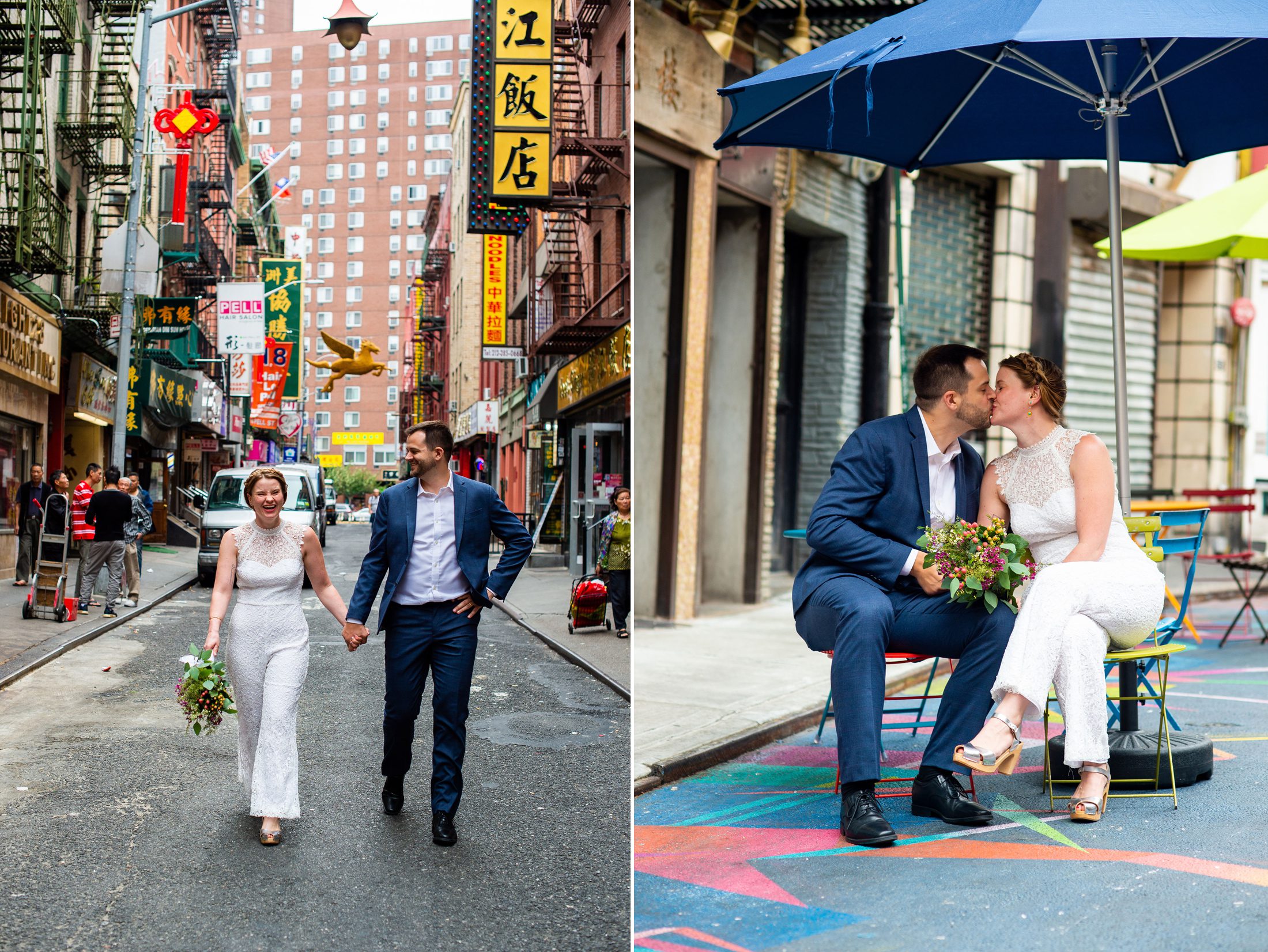 Bride and Groom taking wedding photos in Chinatown after eloping at NYC City Hall