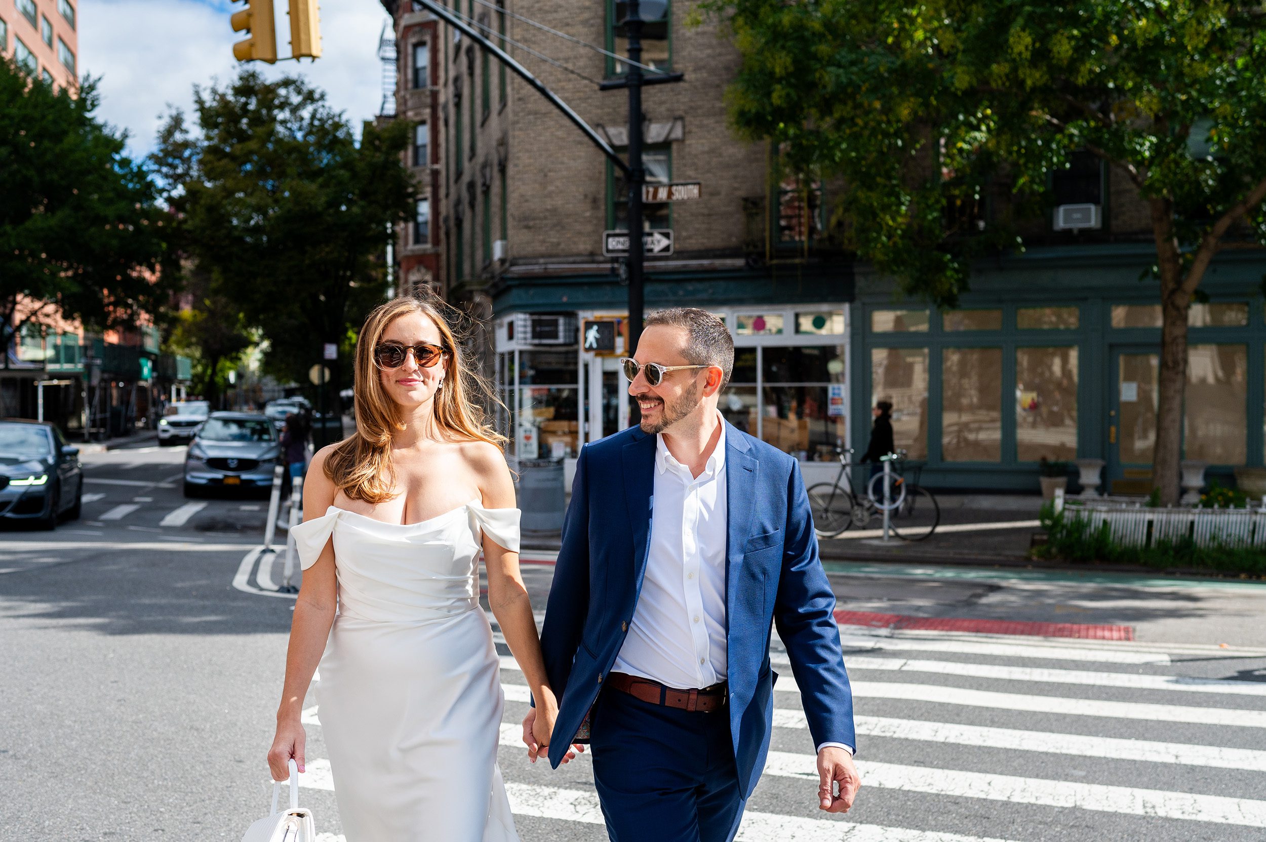 Just married couple walking in the West Village