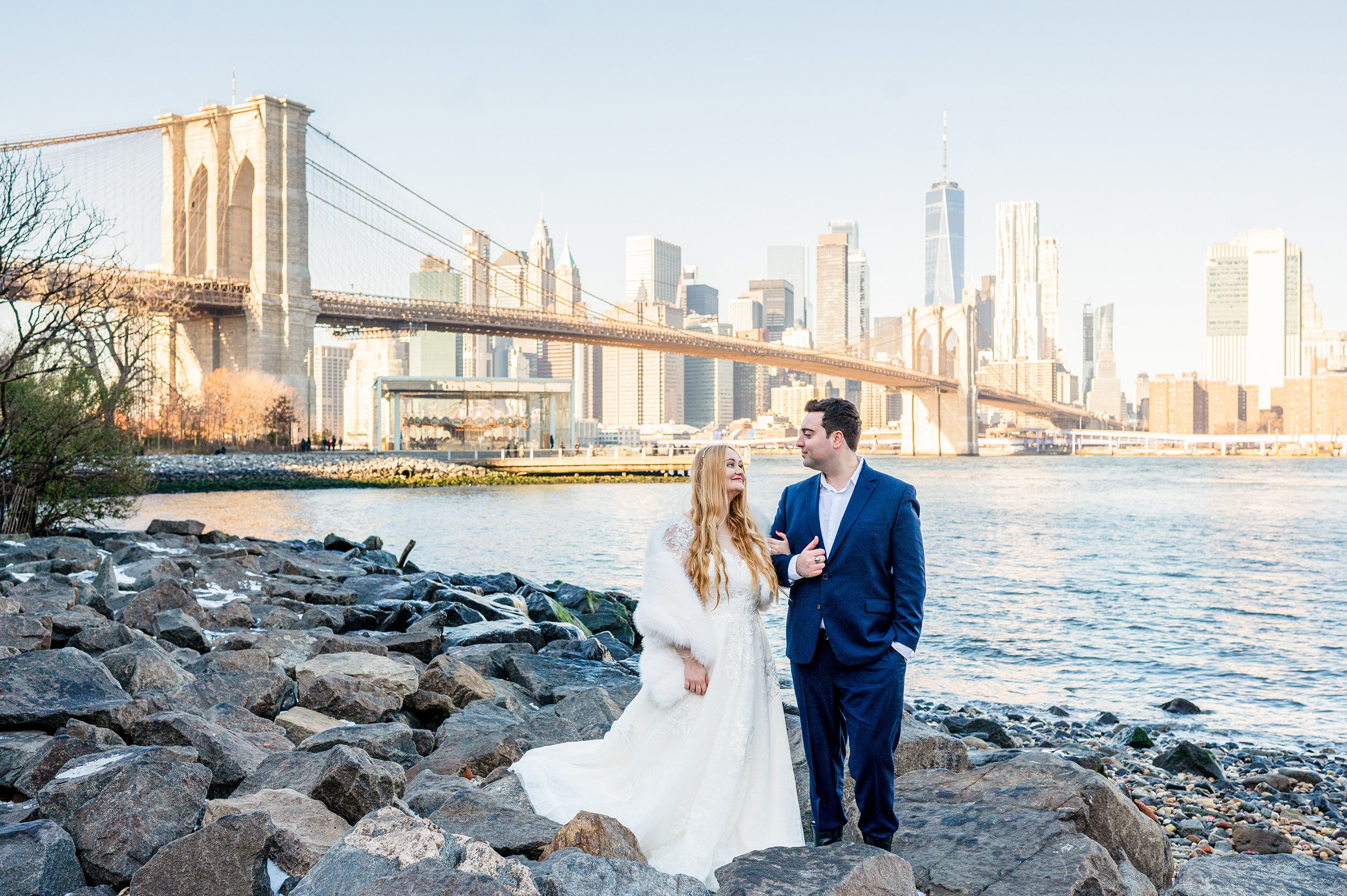 Bride and Groom after their morning elopement at Brooklyn Bridge Park