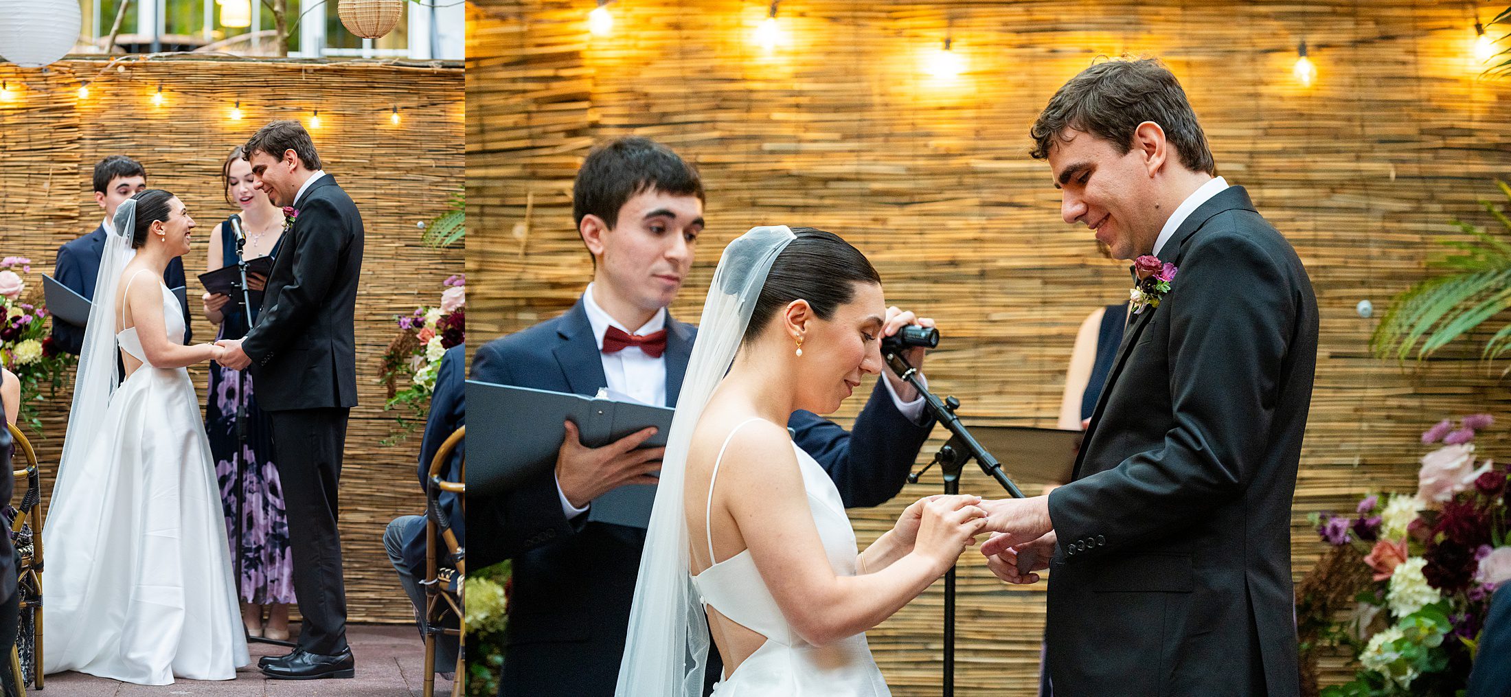 Bride and groom saying vows during wedding ceremony at Bacchus Wine Bar in Brooklyn 