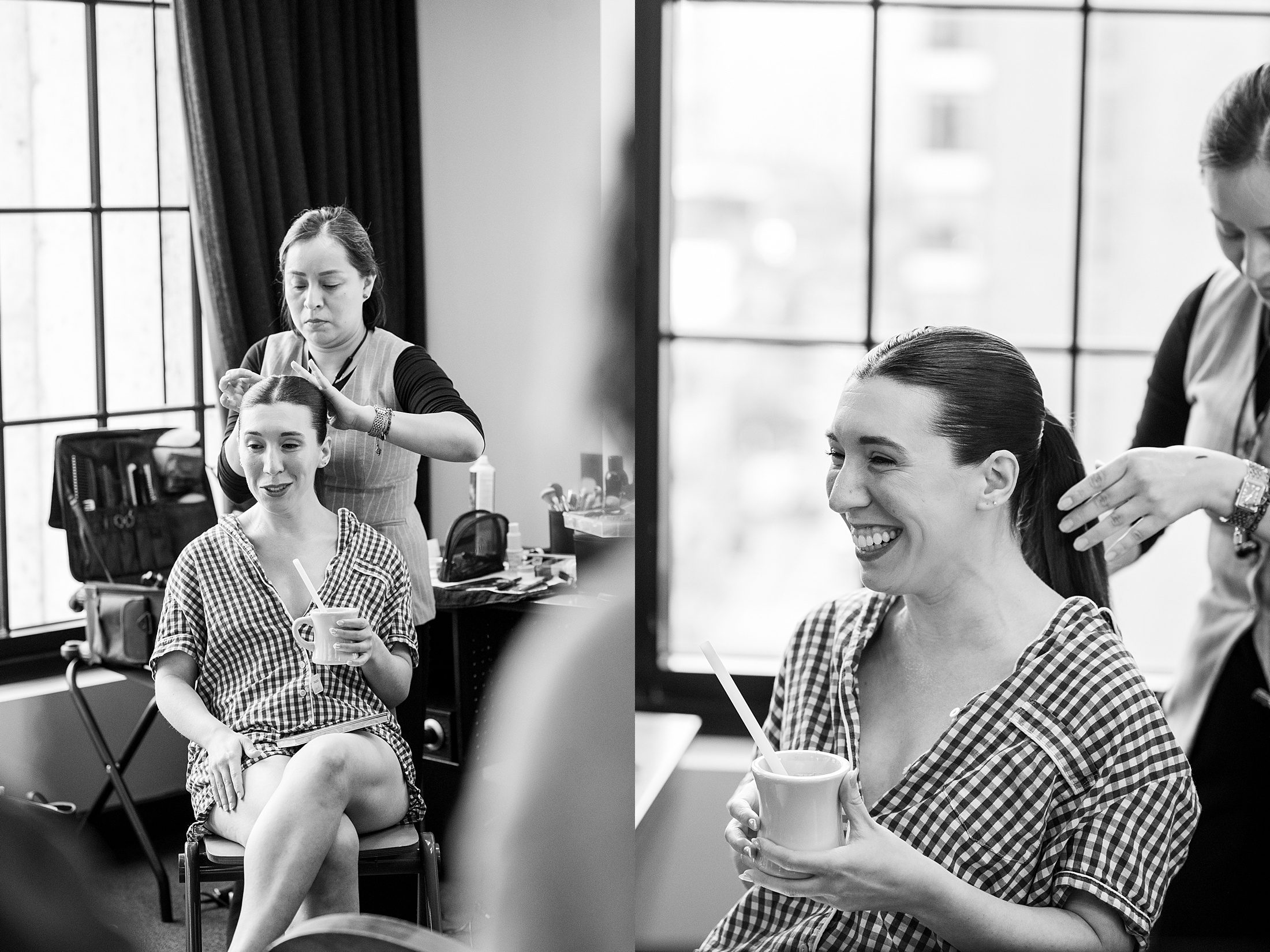 Black and white bride getting ready at Ace Hotel Brooklyn 