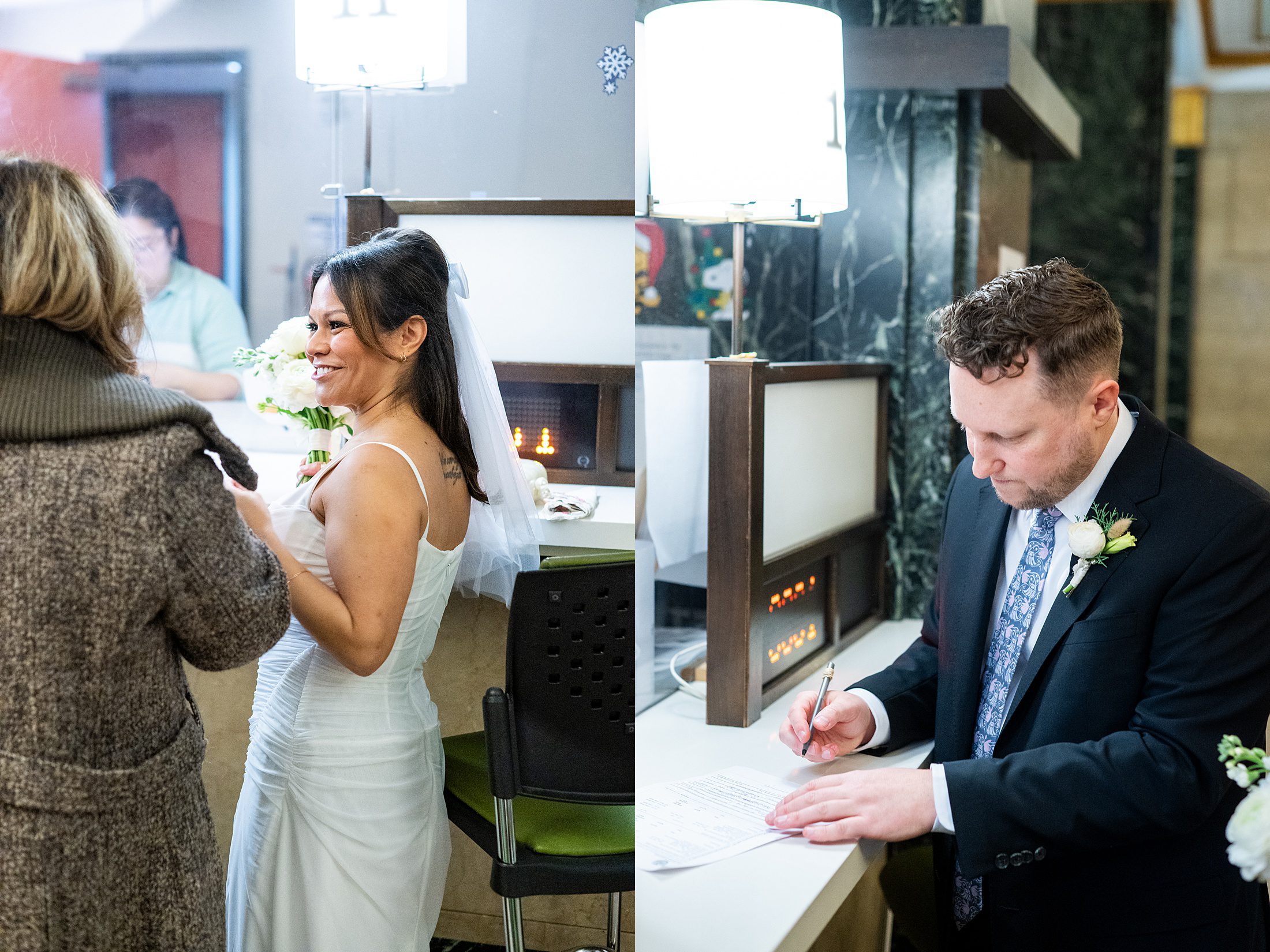 Signing paperwork at courthouse wedding in Manhattan