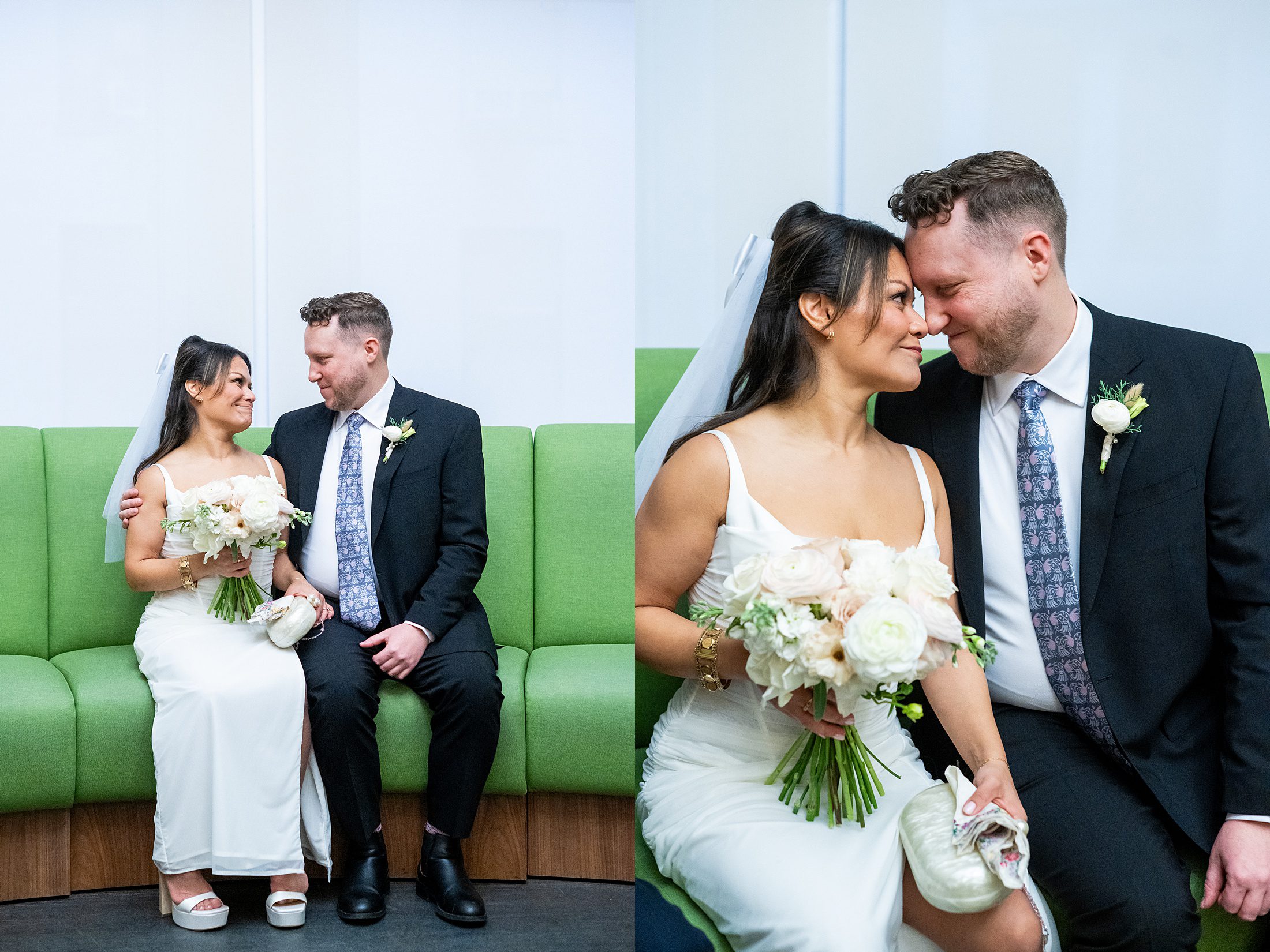 Bride and groom sitting on green couch at their Manhattan Courthouse wedding
