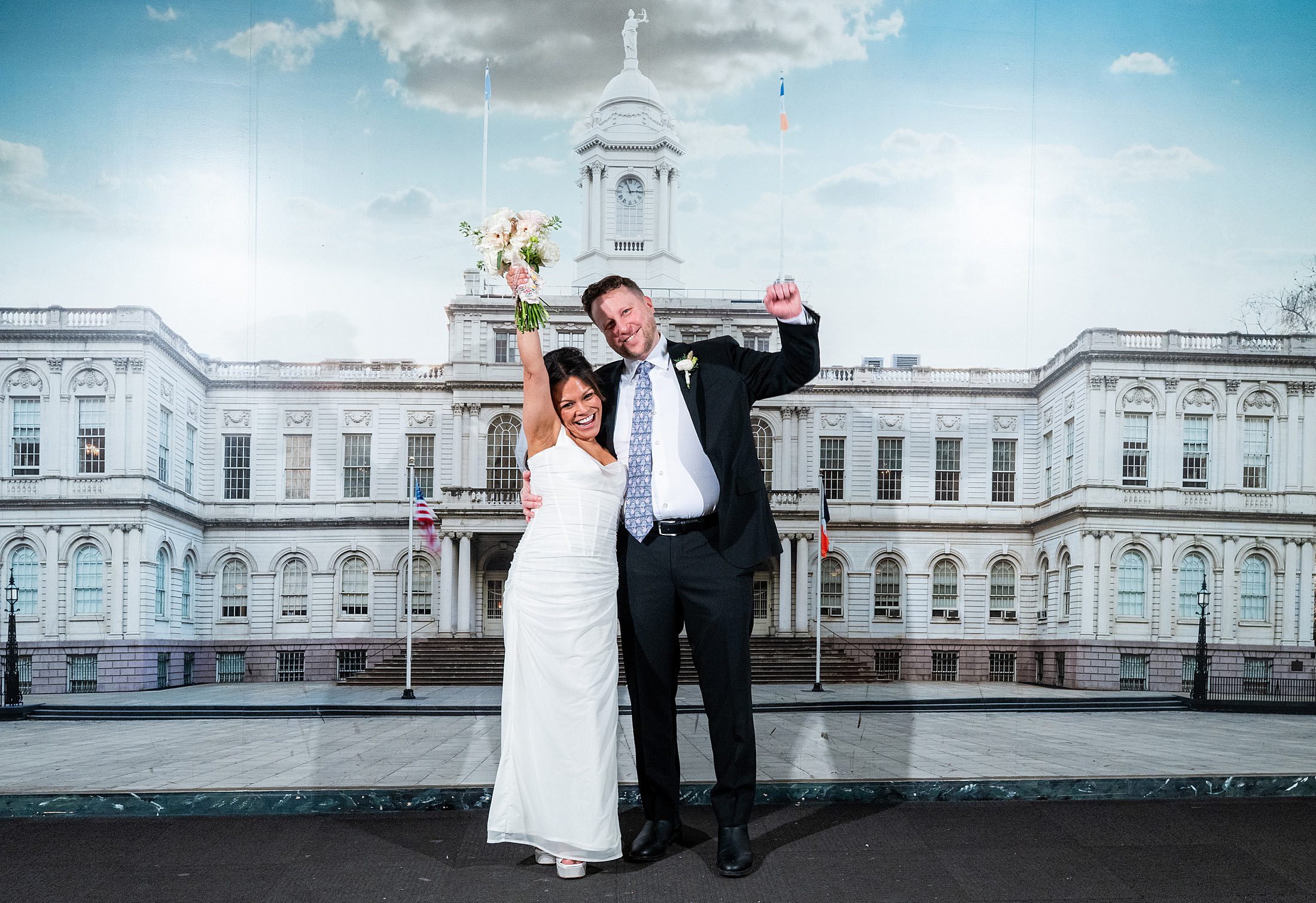Photo with city hall background at City Hall wedding in Manhattan 