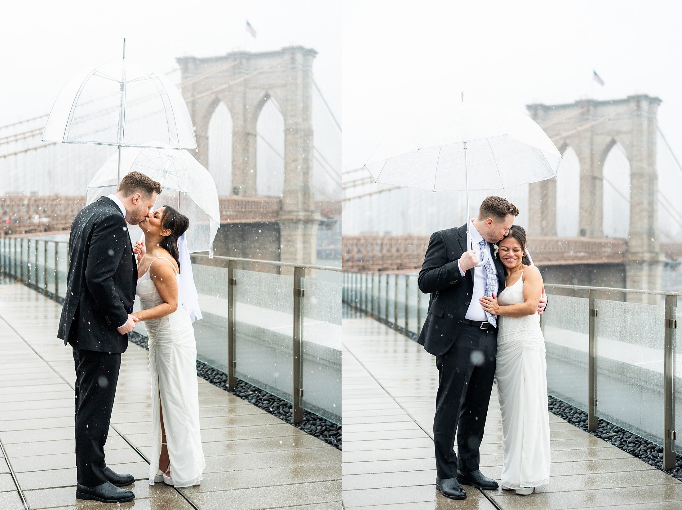 Bride and groom wedding photo with Brooklyn Bridge in the snow