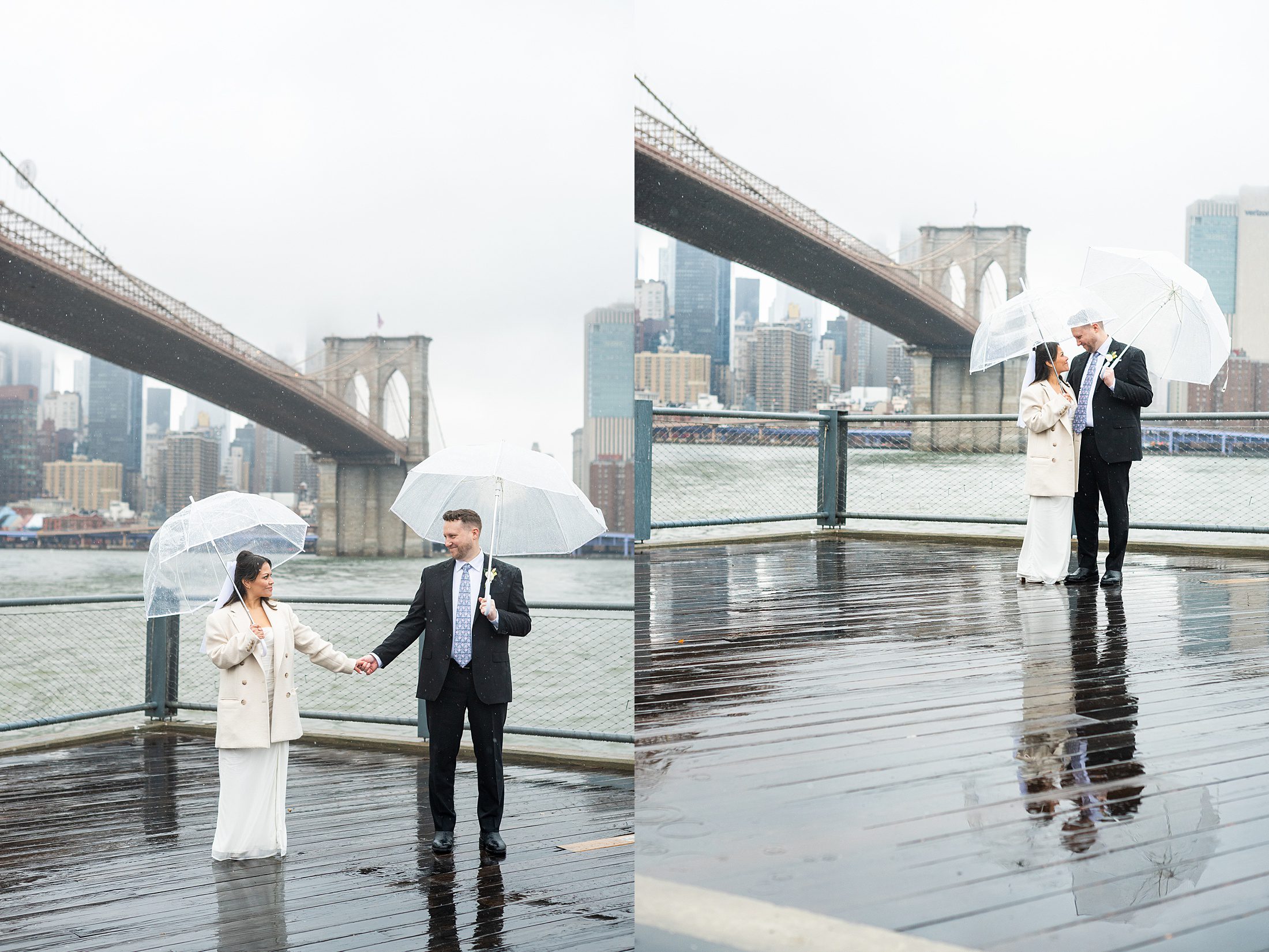 Rainy day wedding photos with Brooklyn Bridge 