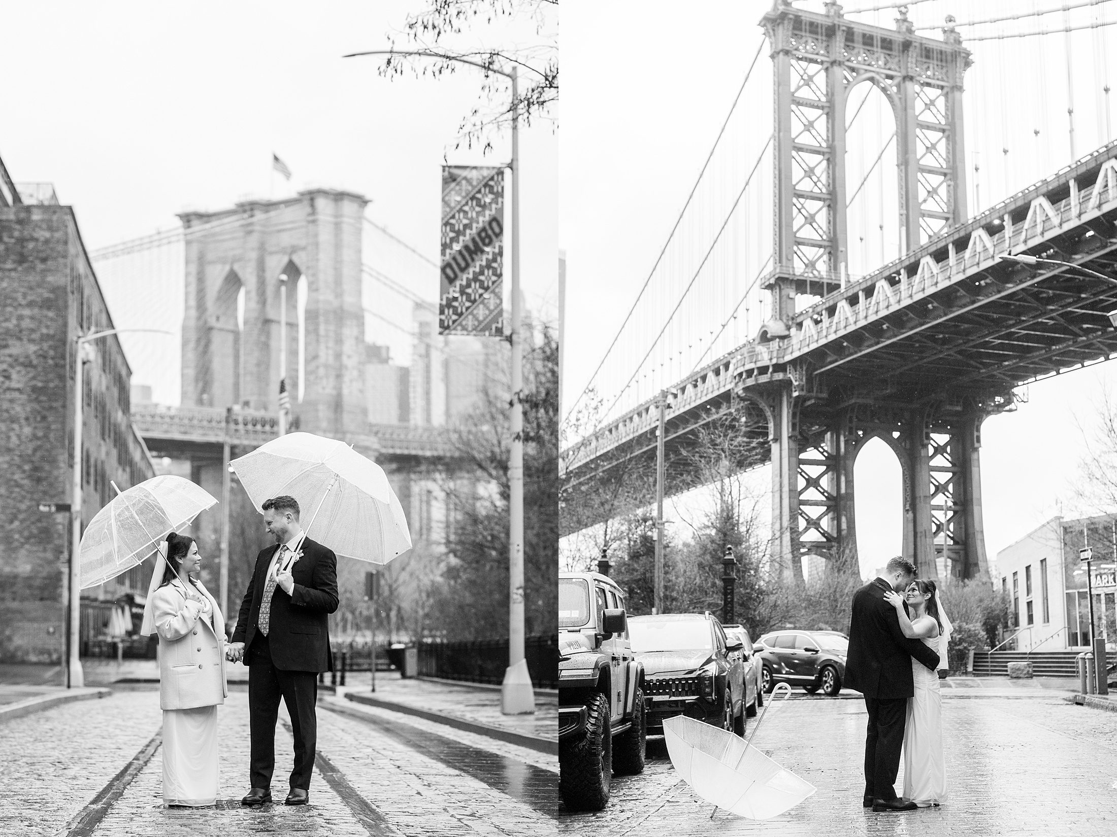 Black and white wedding photos with bridge and groom at Brooklyn Bridge Park and Dumbo Brooklyn after their courthouse wedding in Manhattan 