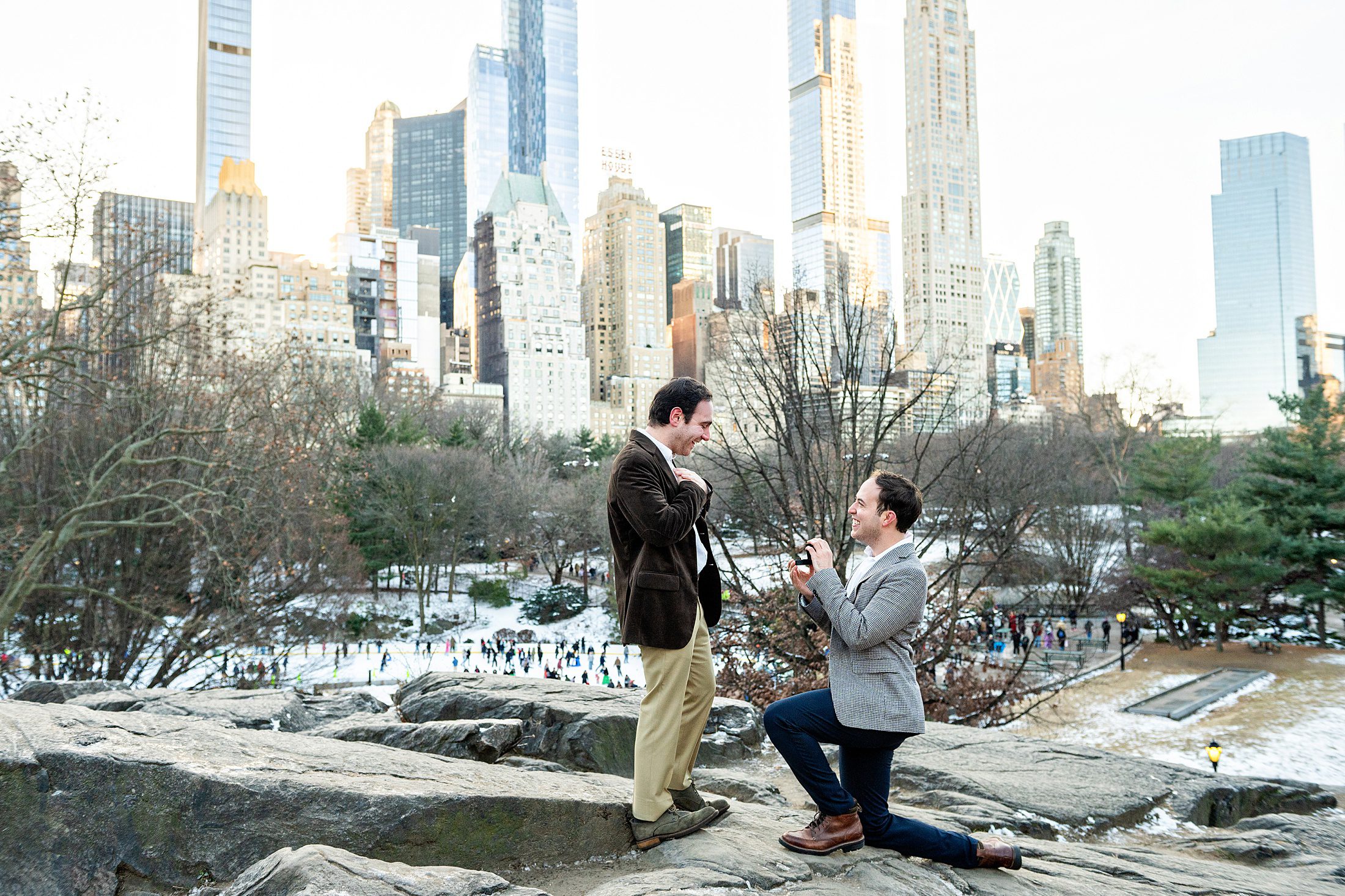 Surprise gay proposal in Central Park in winter with two men