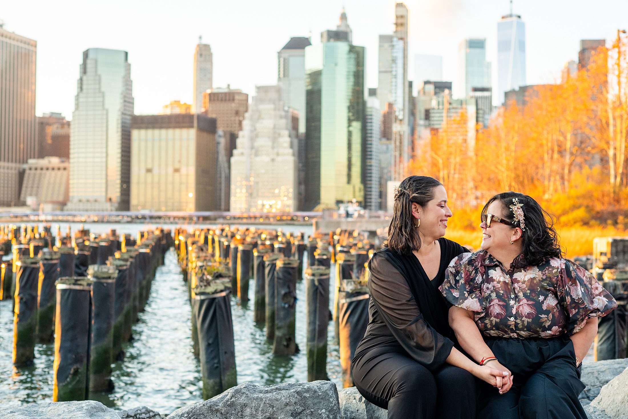 Sunset Brooklyn Bridge Park elopement photos with two brides 