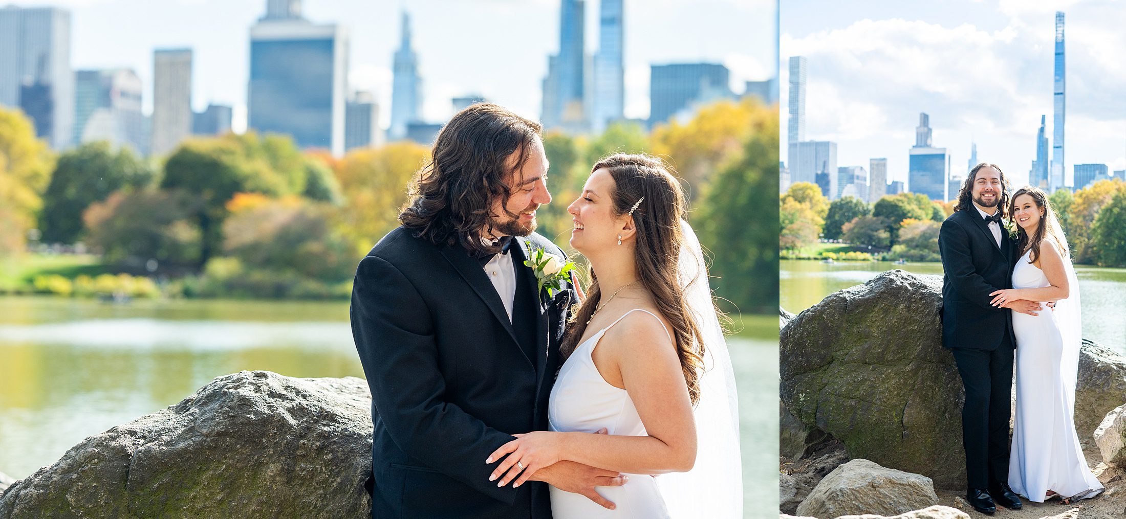 Wedding photos with bride and groom in Central Park in the fall 