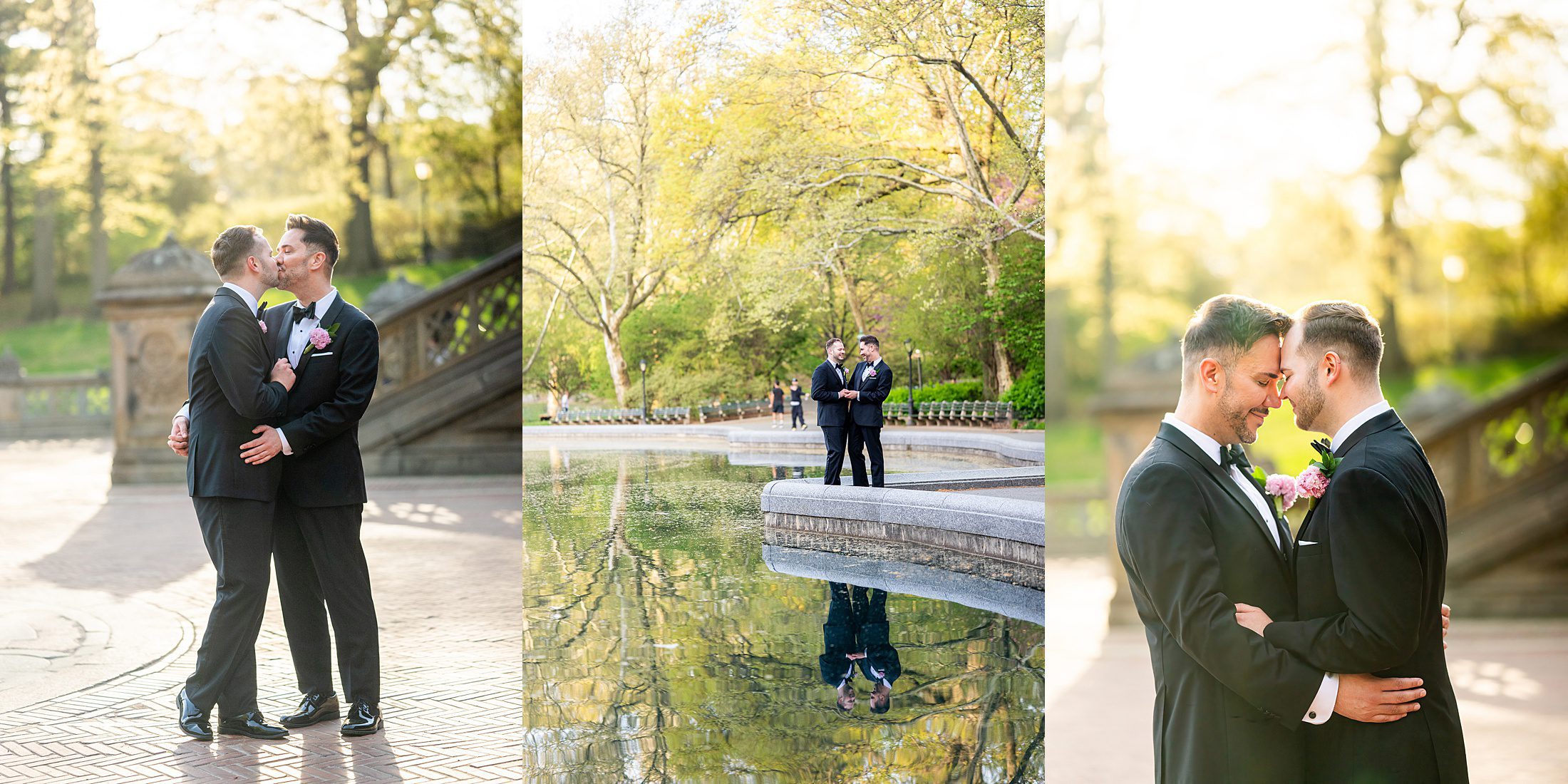 Elopement photos in Central Park at sunrise with two grooms 