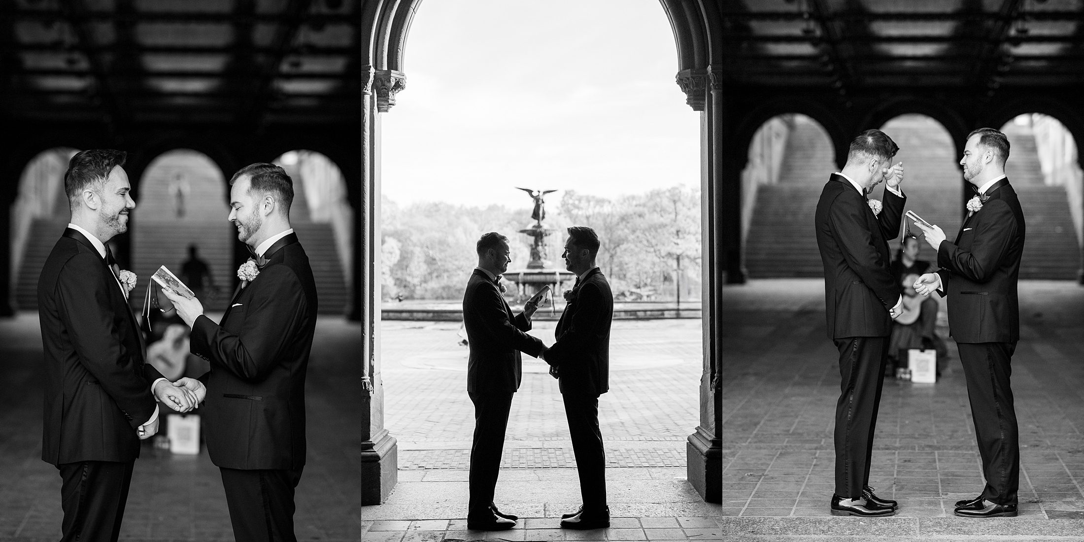 Two grooms exchanging wedding vows in Bethesda Terrace in Central Park 