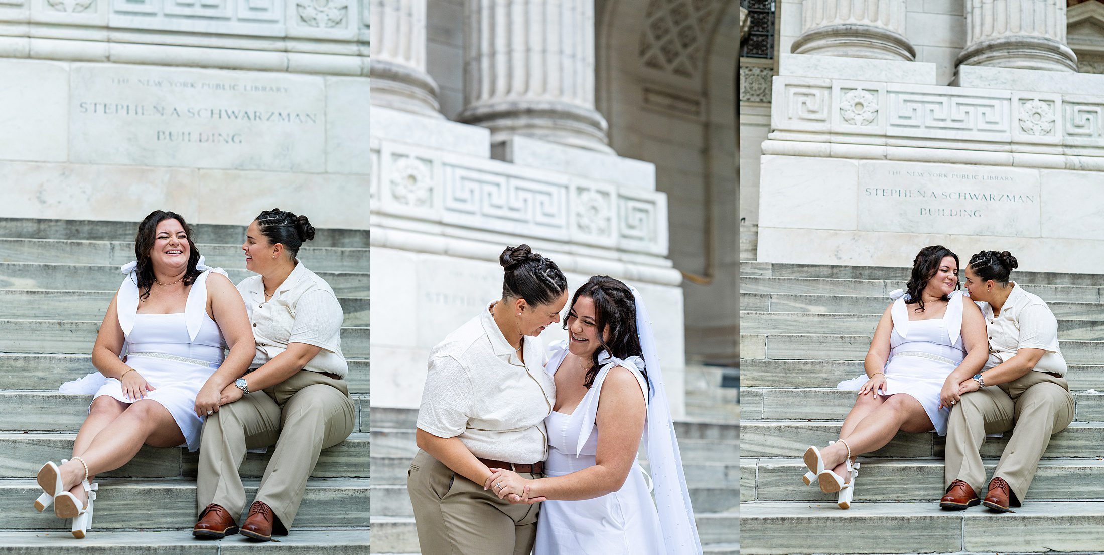 Queer couple getting married in front of the NY Public Library