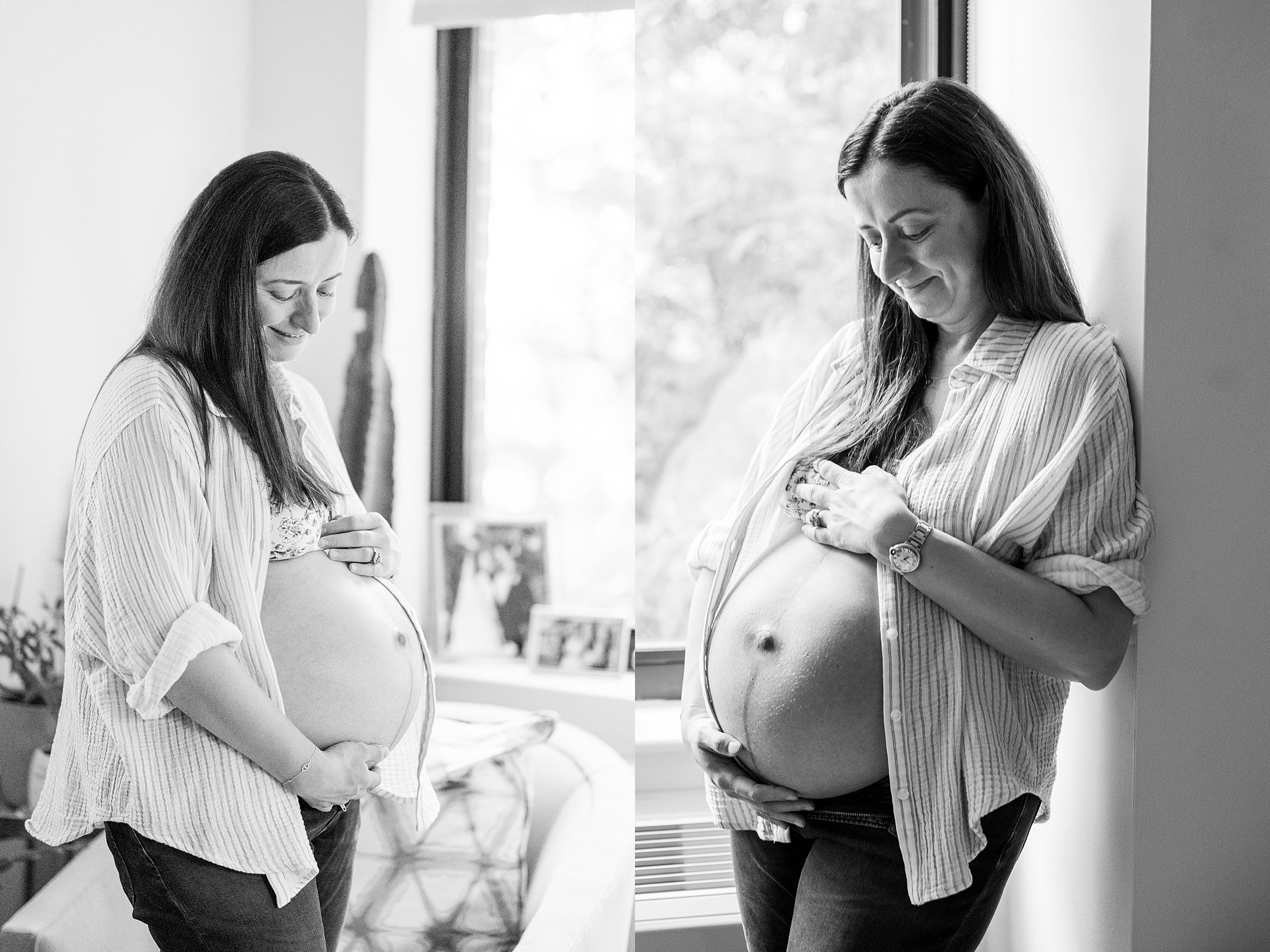 in home maternity photos with expectant mom in black and white